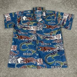 Caribbean Club Shirt Mens Large Blue Alligator Crocodile Print Hawaiian Cotton